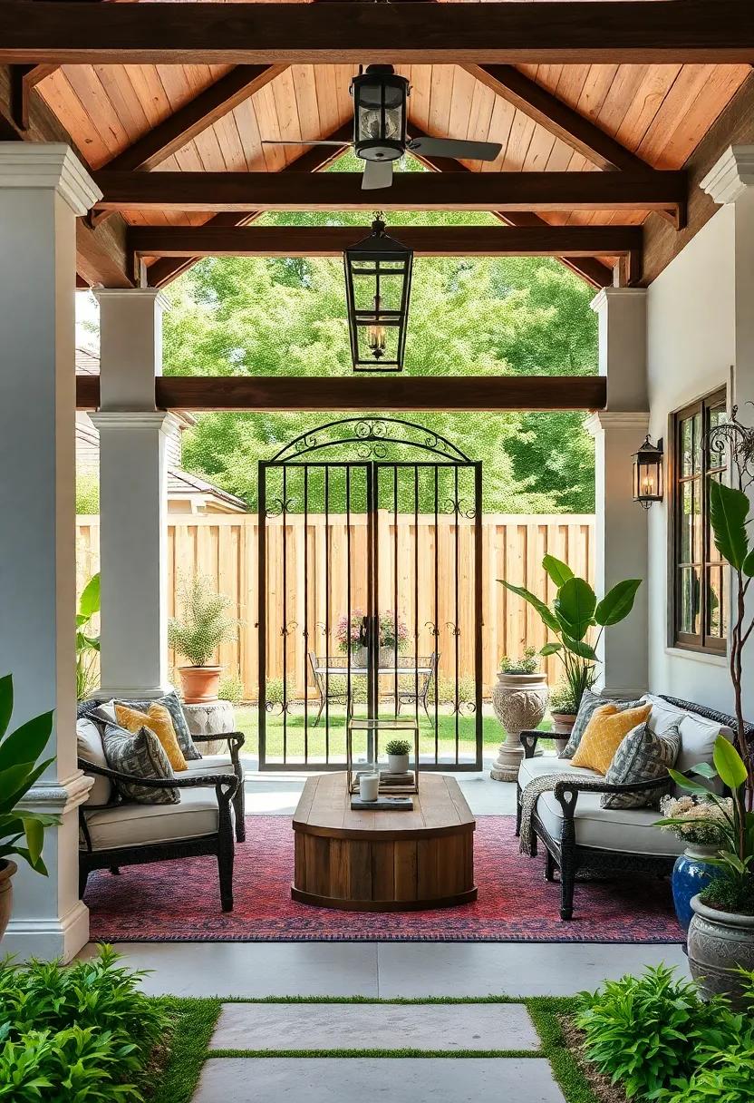 Wrought Iron Gates: Complement your wooden fencing with wrought iron gates that offer durability and a touch of sophistication, perfect for a colonial entryway