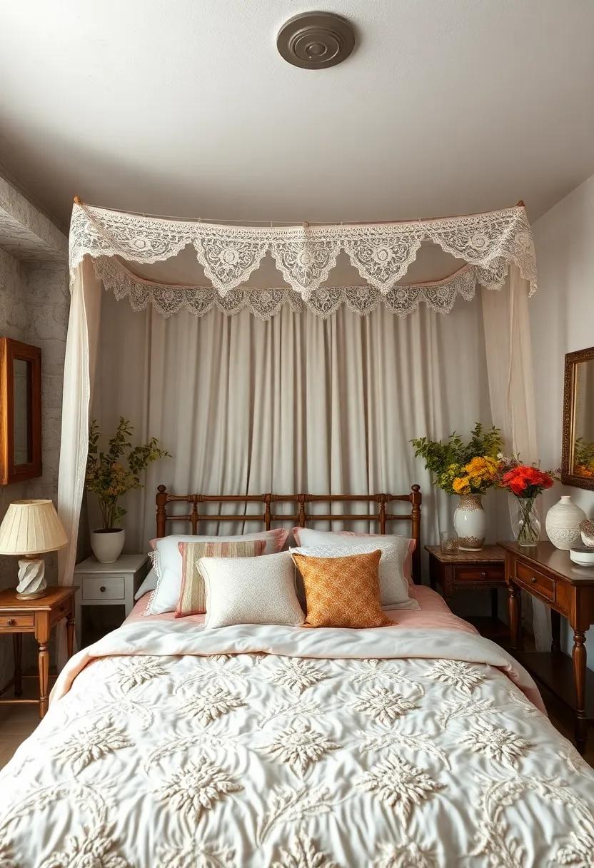 A charming space featuring a vintage lace canopy,where an heirloom quilt adds layers of texture against a backdrop of pastel walls