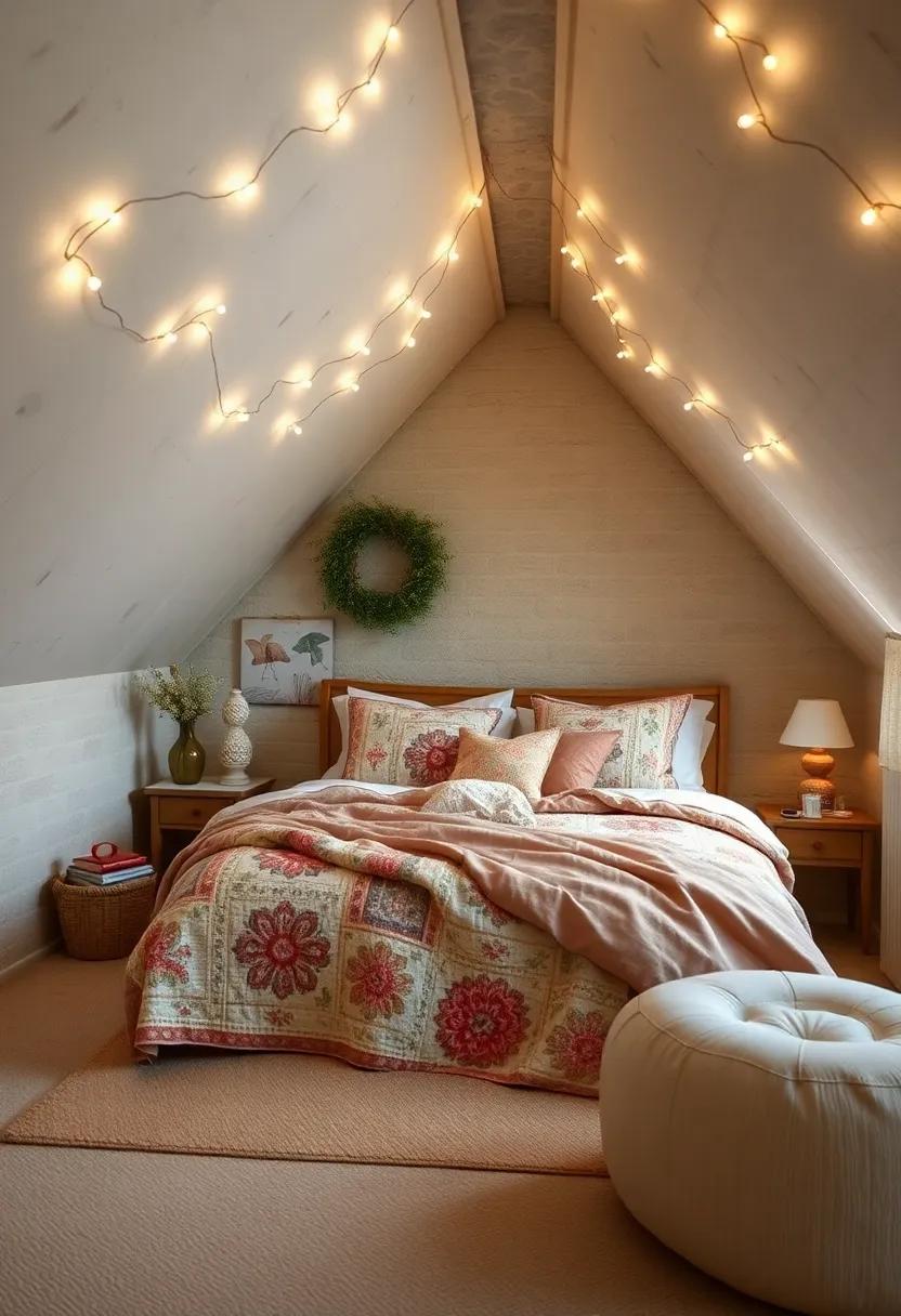 A charming attic bedroom showcasing slanted ceilings adorned with twinkling fairy lights, paired harmoniously with a vintage quilt for a whimsical touch
