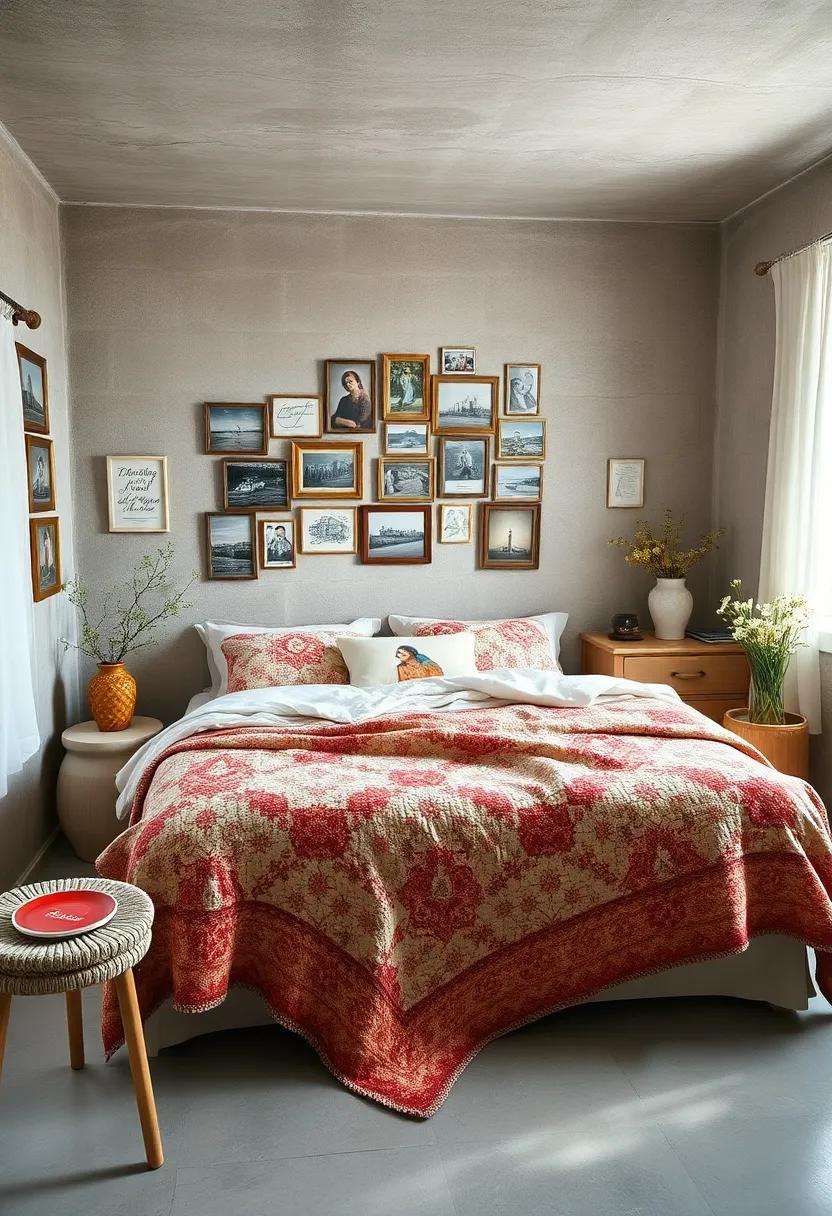 A cozy hideaway adorned with vintage photographs, where a quilt serves as the perfect cover for an inviting, layered look over a plush bed