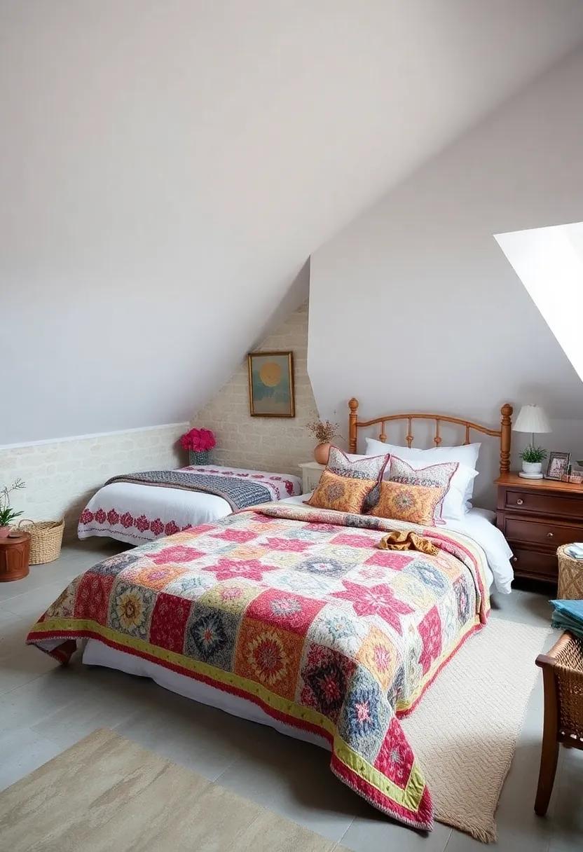 A delightful attic bedroom with slanted ceilings, where a retro quilt becomes a conversation starter, blending nostalgia with modern comfort