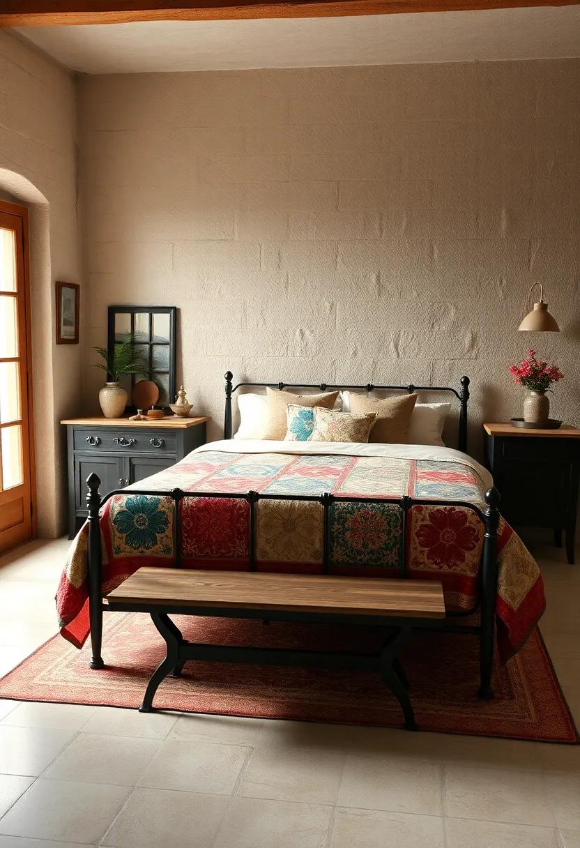 Discover a quaint bedroom that seamlessly blends antique furniture with a colorful quilt, bringing life to an otherwise simple space