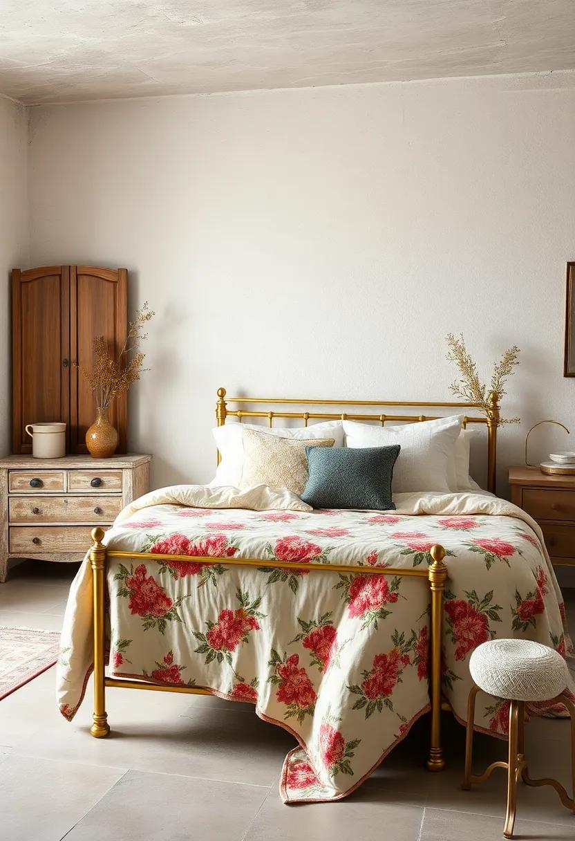 Embrace the warmth of soft, muted colors as a vintage floral quilt drapes over a brass bed, creating an inviting focal point for your cozy retreat