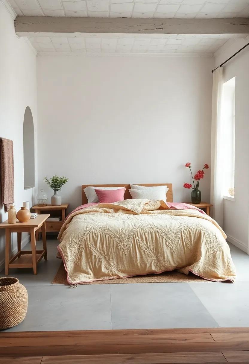 Envision a minimalist cottage bedroom where a single,delicate quilt serves as a statement piece against the simplicity of whitewashed walls