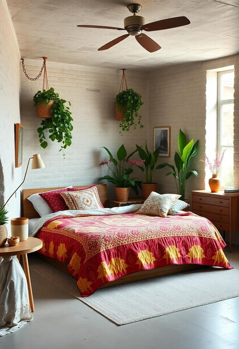 Imagine the serenity of a small bedroom adorned with plants, where an oversized quilt brightens the room with its vibrant colors and patterns
