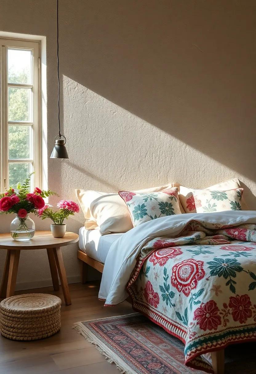 Imagine stepping into a sunlit room where fresh flowers decorate the nightstand, and a beautifully patterned quilt showcases artisan craftsmanship