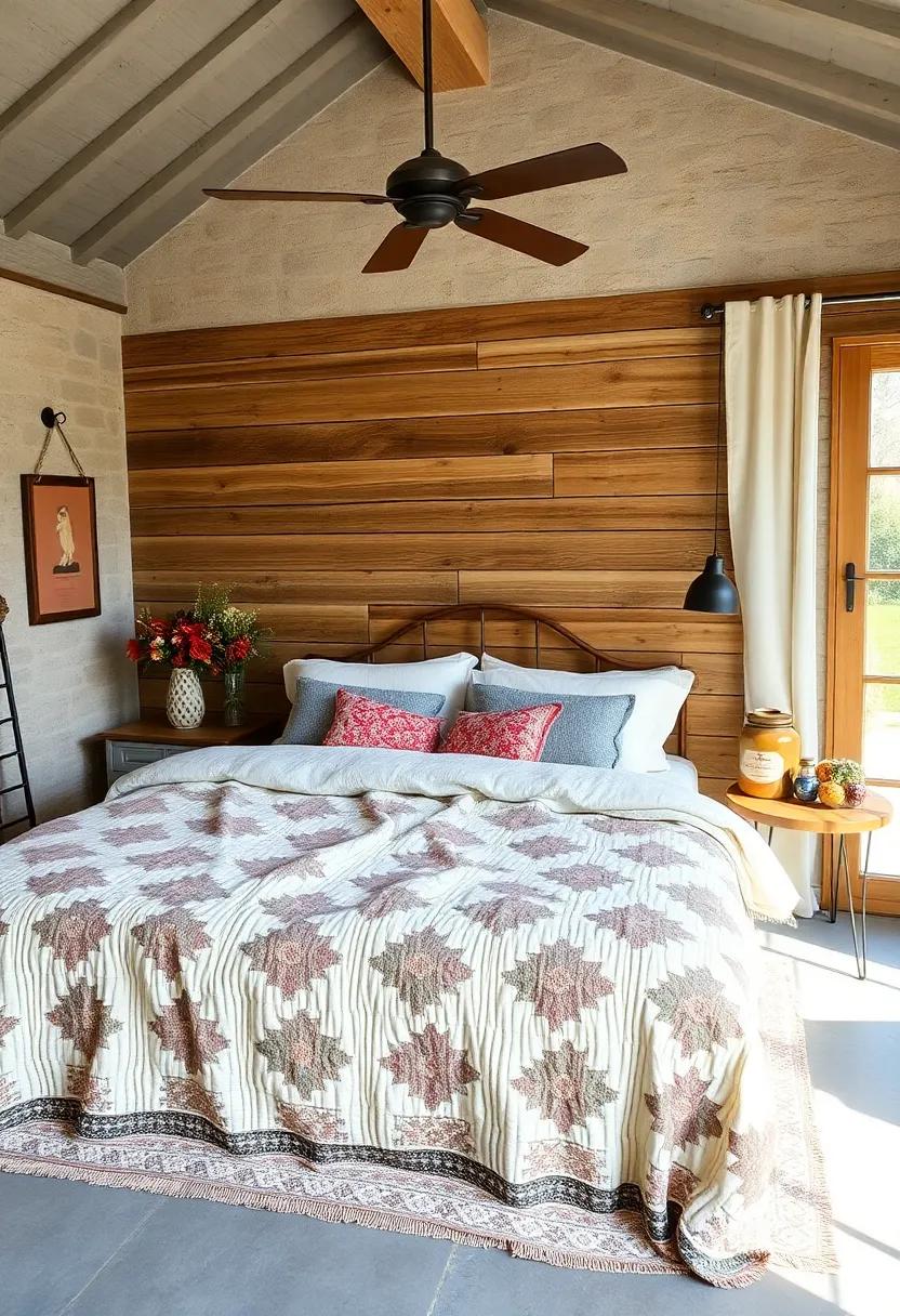 A pastoral-inspired bedroom complete with rustic details, where a faded quilt perfectly complements the weathered charm of reclaimed wood accents