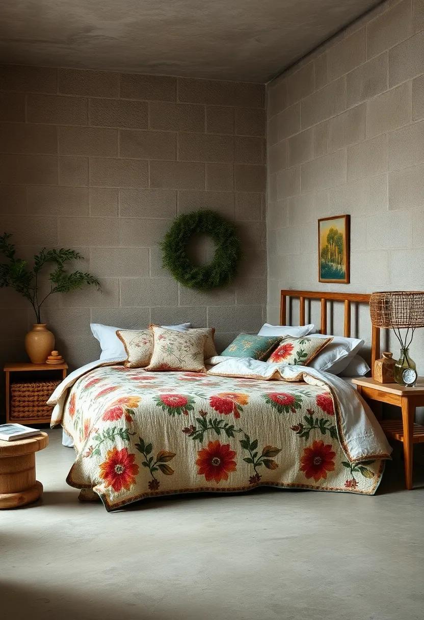 Picture a woodsy-inspired space where nature and comfort meet, highlighted by a cozy quilt showcasing earthy tones and floral prints