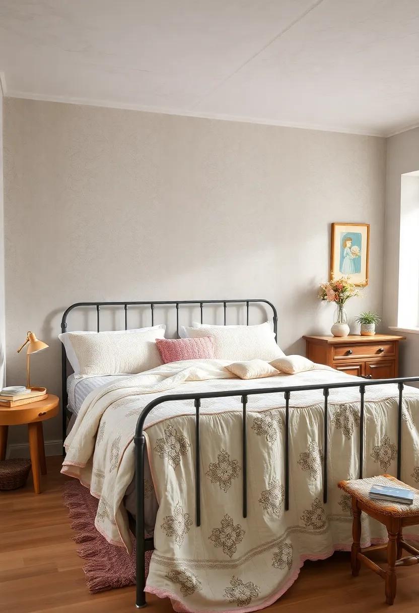 Picture a serene escape filled with delicate pastel hues where a hand-stitched quilt drapes carelessly over a vintage iron bed, inviting you to relax