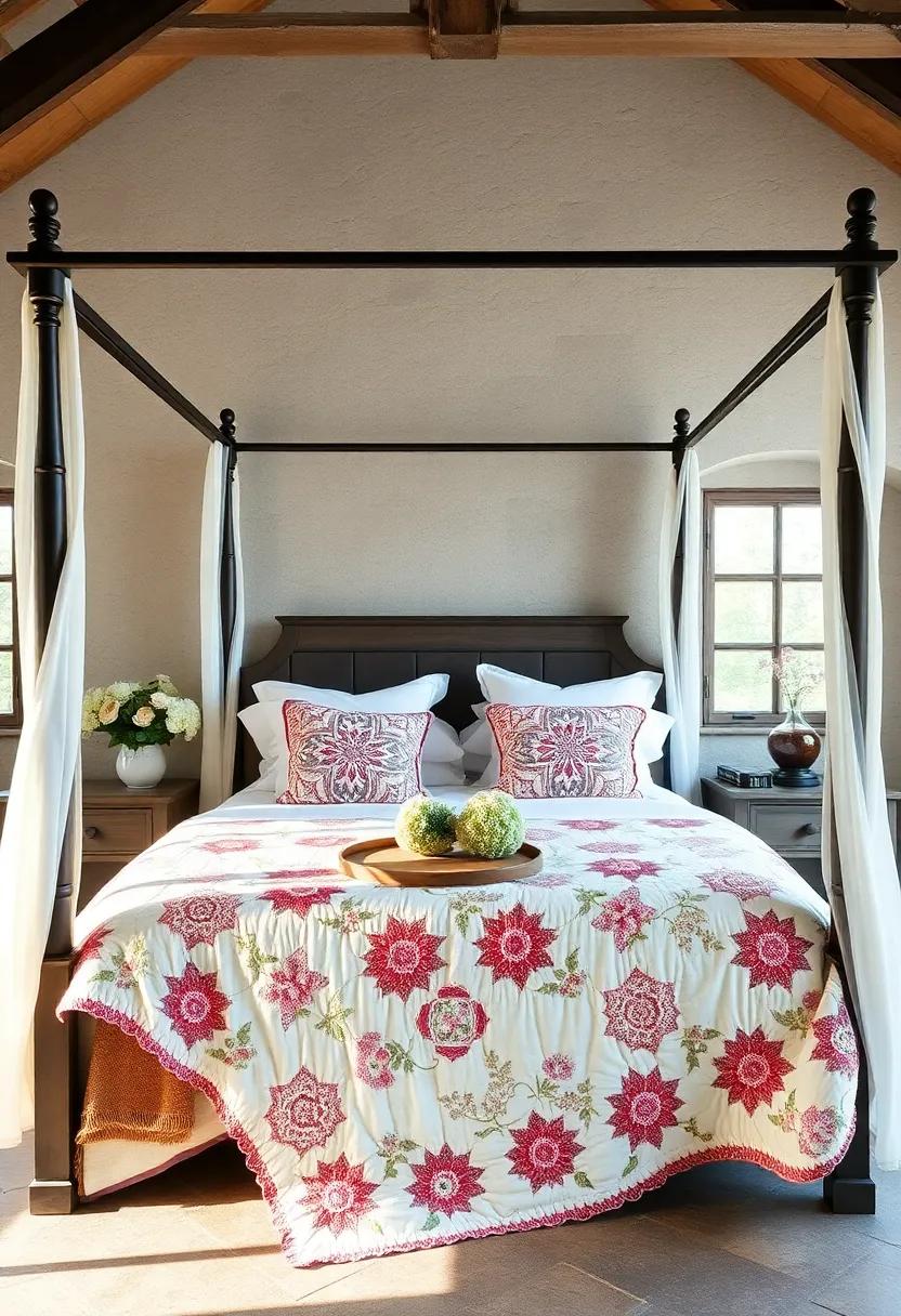 A romantic bedroom featuring a four-poster bed, where a classic quilt adds just the right amount of charm and comfort to the elegant design