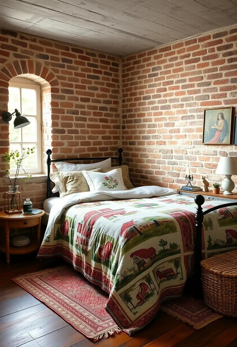 Think of a rustic cottage bedroom exuding charm with exposed brick walls, lovingly paired with a quilt showcasing a countryside motif