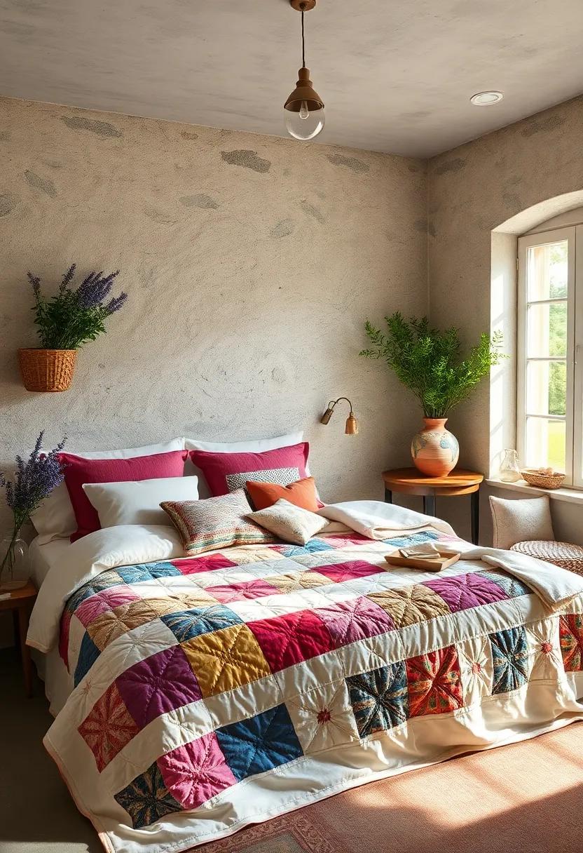 A tranquil space filled with the scent of lavender, where a patchwork quilt adds bursts of color and a touch of homeliness to the surroundings