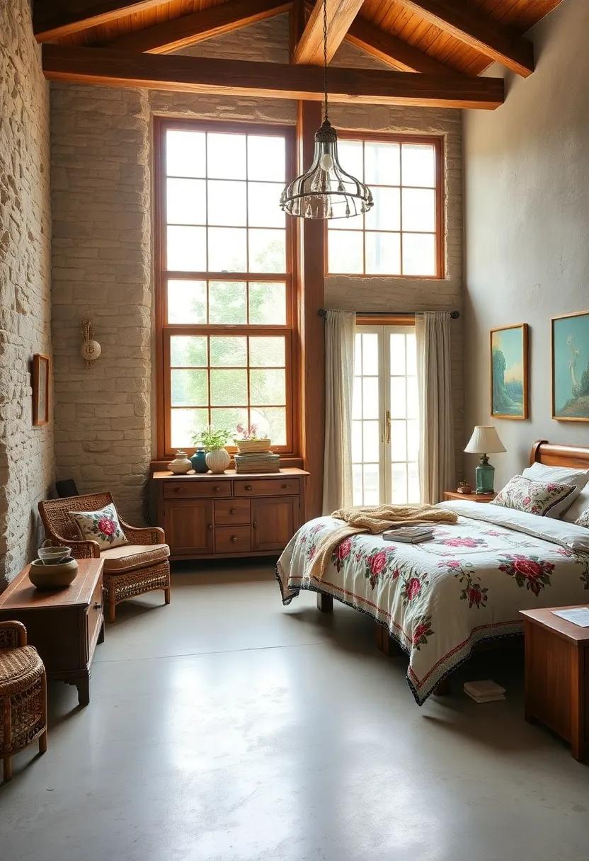 Warm wooden furniture combined with a striking quilt featuring intricate embroidery makes for a perfect retreat in any cottagecore sanctuary