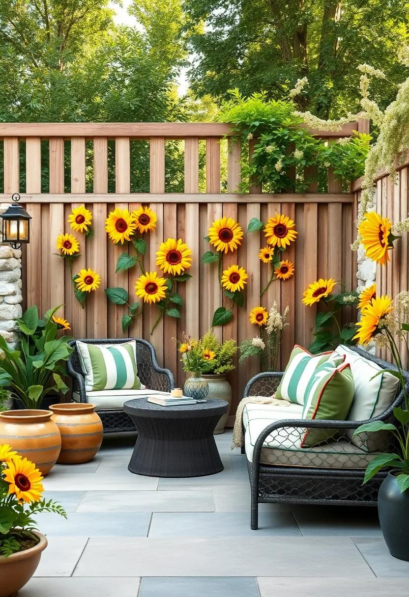 Sunflower-Embellished ‍Fence: Celebrate summer with‌ a cheerful décor‌ of sunflower motifs adorning your fence, radiating warmth and happiness ⁣throughout the garden