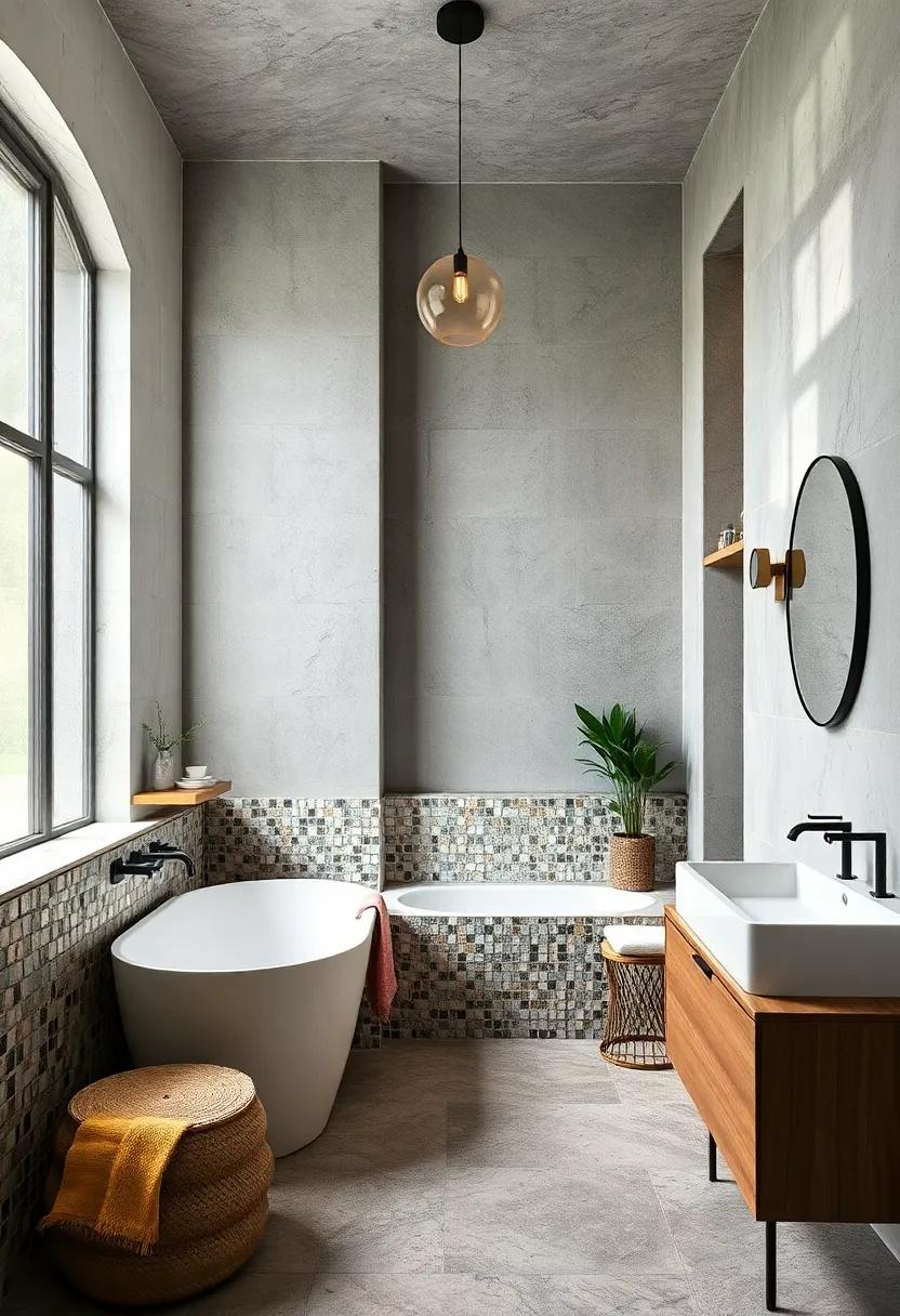 Industrial chic: This bathroom couples raw materials ⁣with sharp mosaic accents,balancing‍ grit and glamour to create an edgy yet⁣ stylish retreat