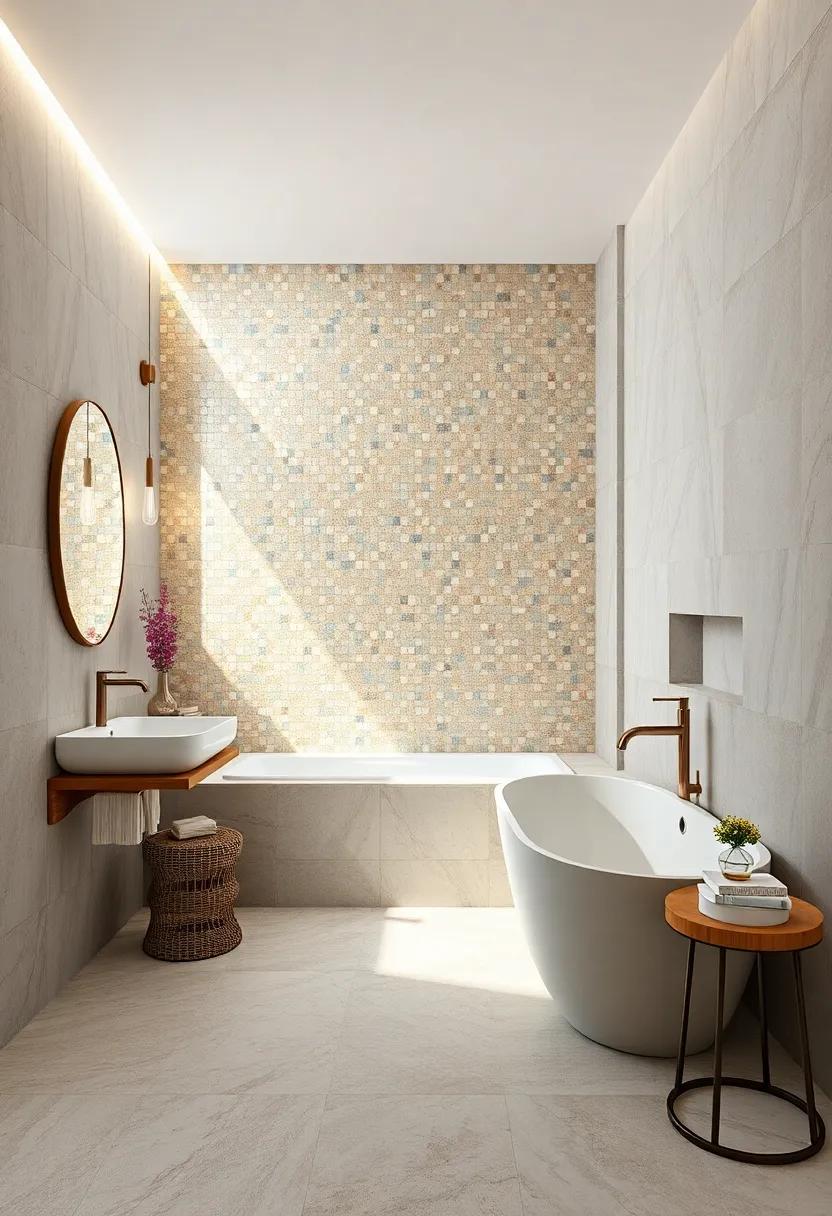 Luxurious getaway: Gleaming metallic mosaics create a sumptuous backdrop, making this ‌bathroom feel like a high-end spa⁣ retreat