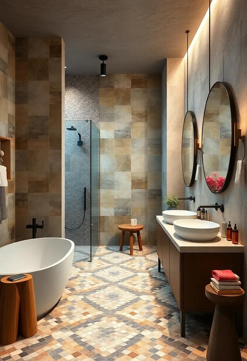 rustic charm meets modern elegance: Here, earthy-toned mosaic‍ tiles combine with sleek fixtures for⁤ a‍ warm yet contemporary‌ feel that ​invites relaxation