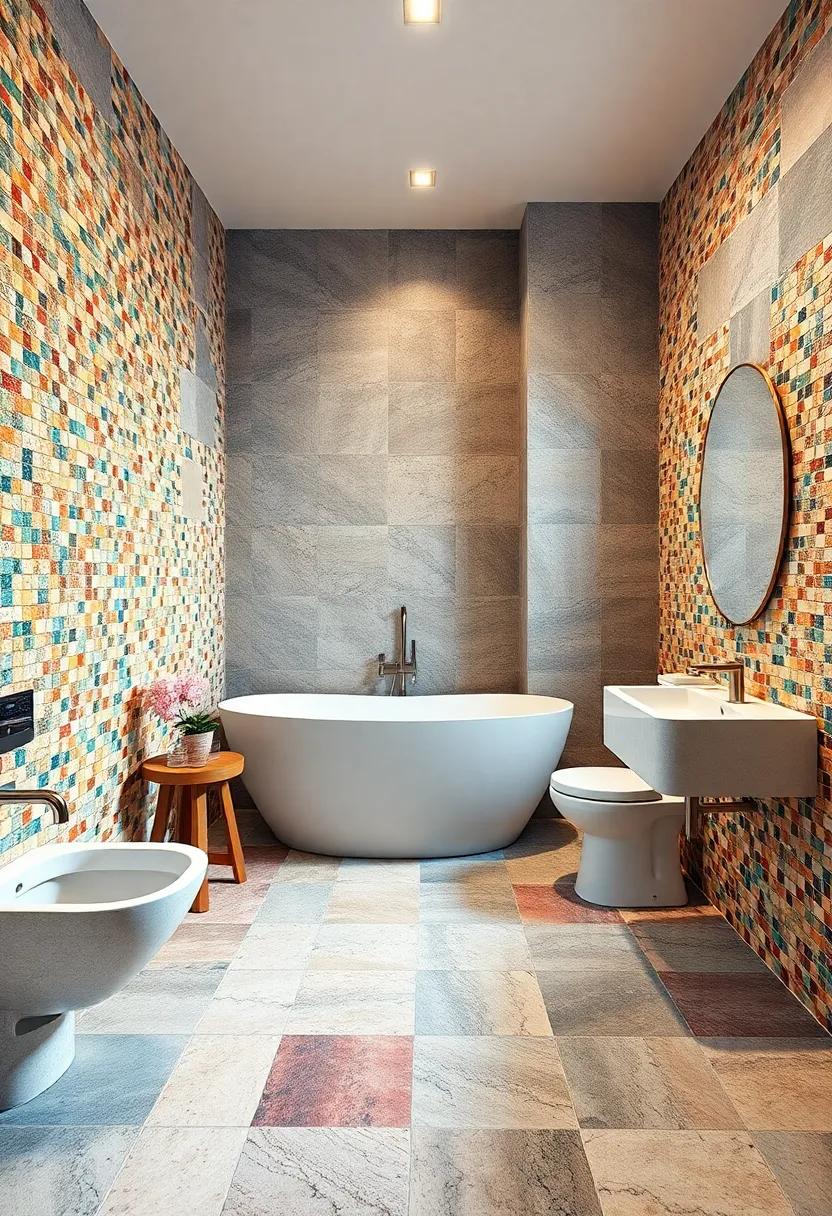 A‌ vibrant splash ‍of color:​ This⁢ bathroom features a stunning array‌ of mosaic⁣ tiles in every hue imaginable,⁤ creating a playful and lively atmosphere