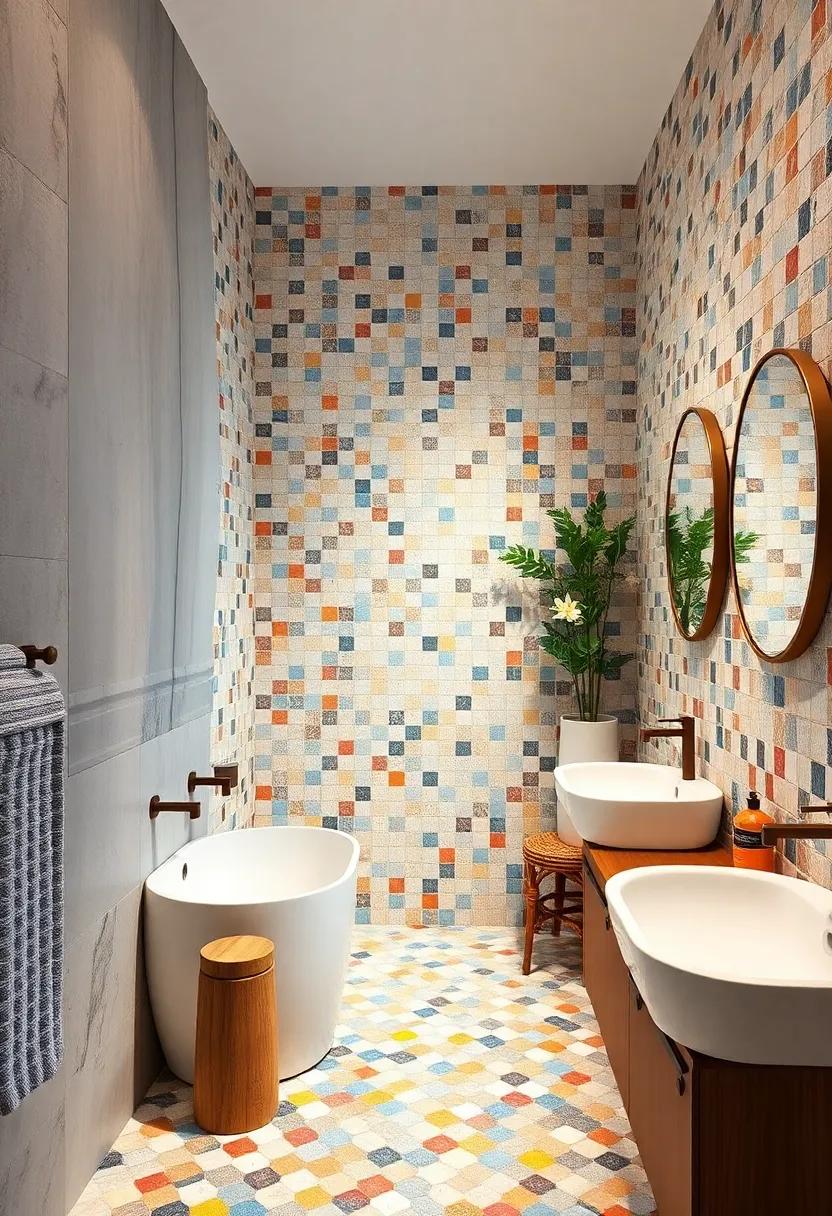 Whimsical ⁣patterns: A playful arrangement of colored tiles⁢ transforms this bathroom into a bright and cheerful haven, leaving a lasting impression‌ on guests