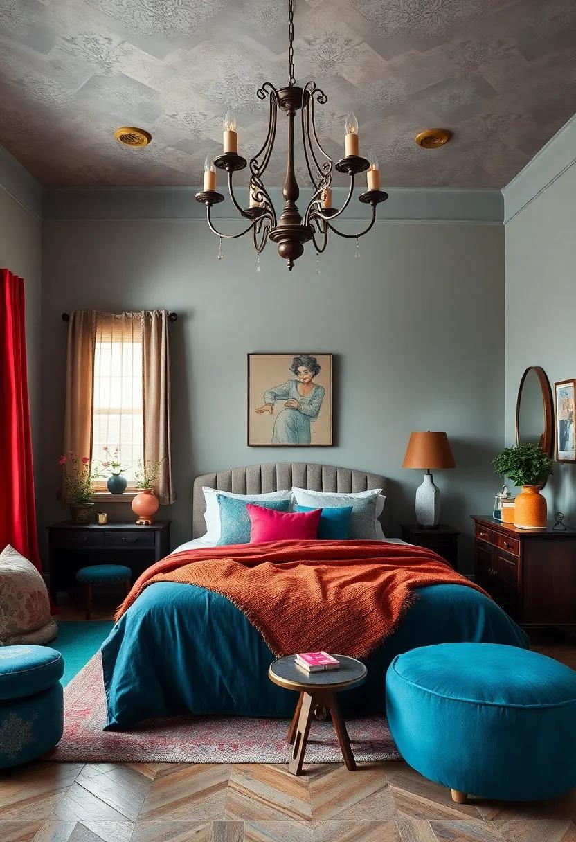 Choose a Bold Color Palette: Select unexpected color combinations that tie together your wall, furniture, and chandelier for a cohesive yet eclectic look