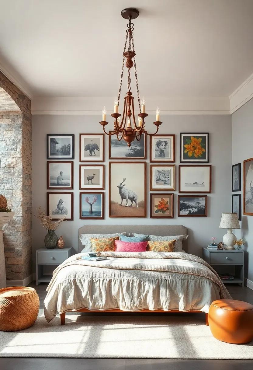Create a Gallery Wall: Frame eclectic artwork and photographs around the room to draw attention to the chandelier as a focal point