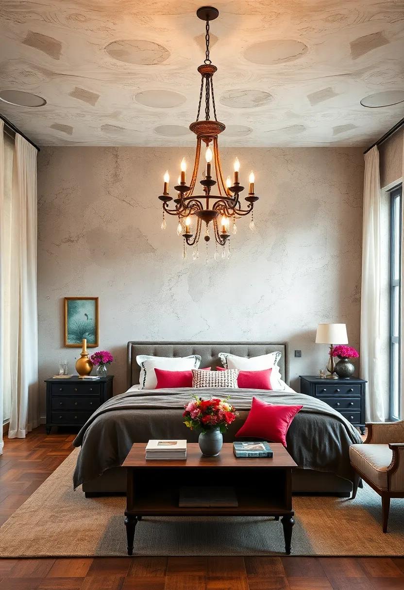 Experiment with Textured Walls: Consider wallpaper with vintage motifs or a unique paint treatment that resonates with the chandelier's age