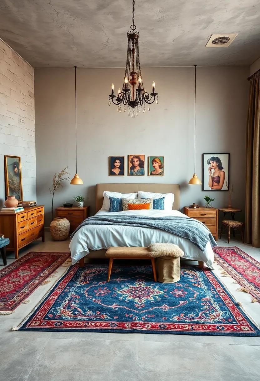 Layer Area Rugs: Use multiple area rugs with varied patterns and textures underneath your bed and seating to provide depth and warmth