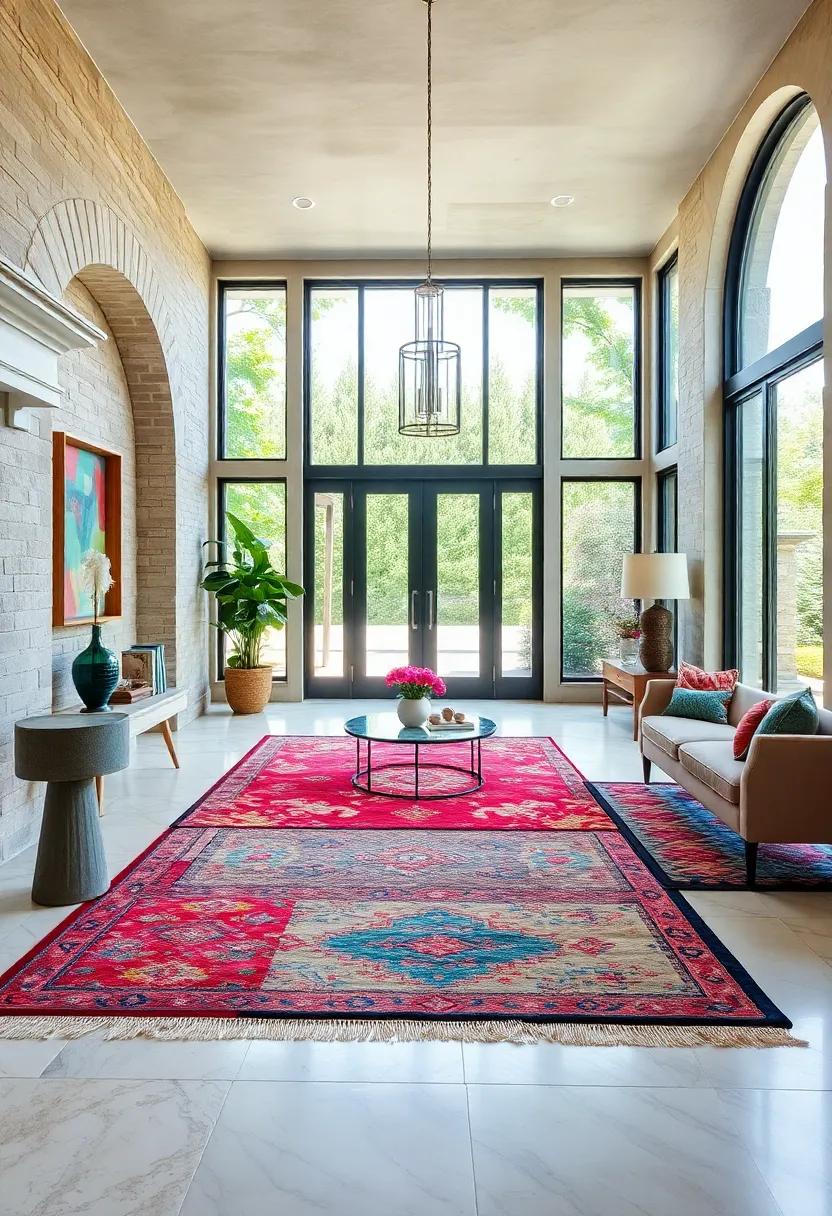 Embrace‌ eclecticism with​ a mix⁣ of small, colorful ‍rugs that define⁤ separate‍ zones in a grand entryway, creating visual interest