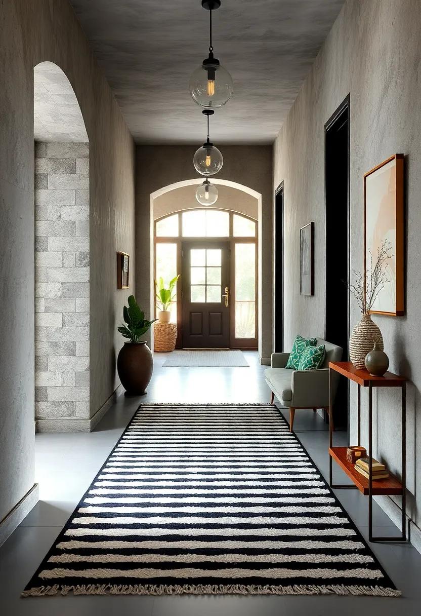 Highlight the drama of ‍a black-and-white striped rug that enhances ⁤the depth and⁣ dimension of a narrow hallway