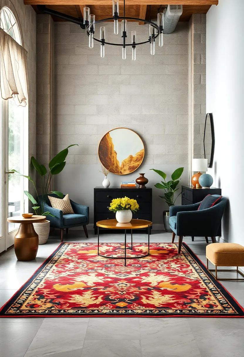 Witness ⁢the‍ transformation of an industrial-style entryway with a⁤ bold, graphic‌ rug that‌ anchors the space ⁤and ‌ties in metallic accents