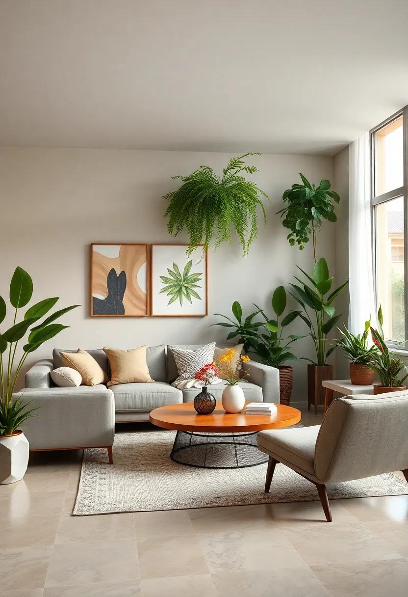 Urban Jungle: Bring the outdoors in with a variety of indoor plants, organic shapes, and earthy materials that​ create a lush, green space