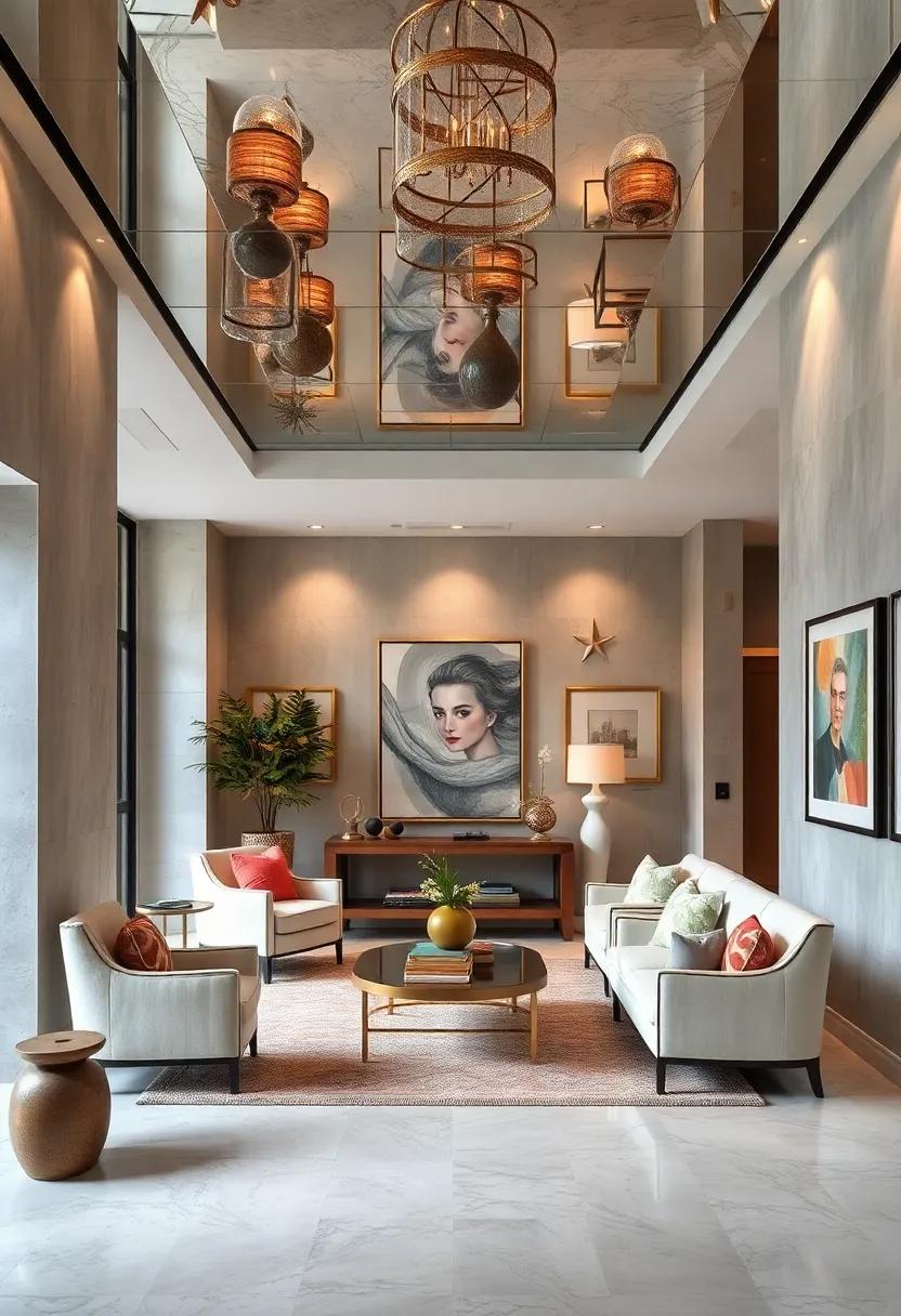 Artful Displays: Showcasing Artwork Under a Mirrored Ceiling