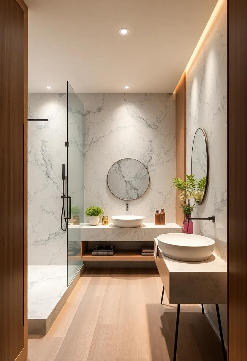 Open shower Concept: Design an open shower with a marble basin and wall, ‍creating a spacious feel that enhances the luxurious ambiance of your ensuite