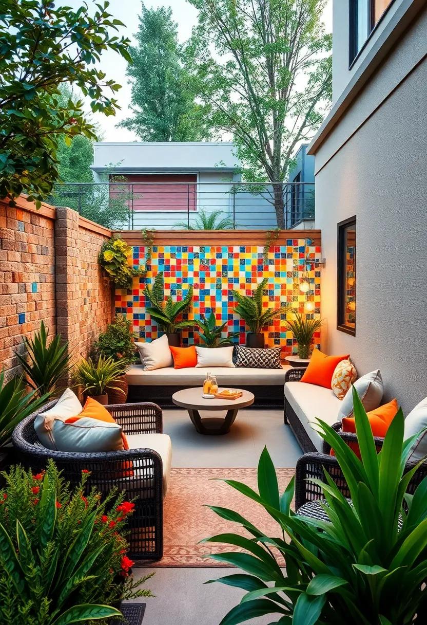 Colorful Mosaic Delight: ⁢A vibrant fence with colorful mosaic ⁢tiles reveals hidden ⁣nooks for built-in seating, transforming your outdoor space into⁣ a lively gathering spot