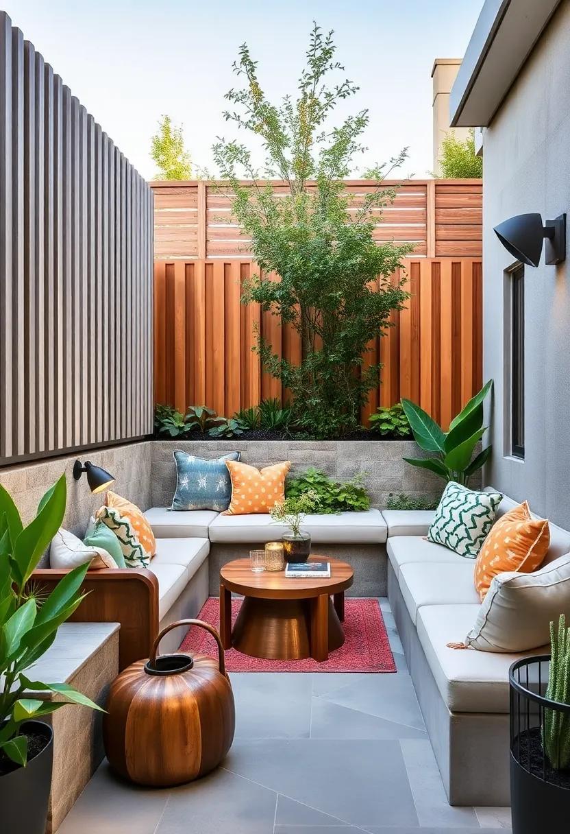 The Split-level Haven: A fence that alternates between vertical slats and open spaces provides a chic backdrop while offering built-in seating on the tiered sections, perfect for enjoying a drink ⁣in the garden