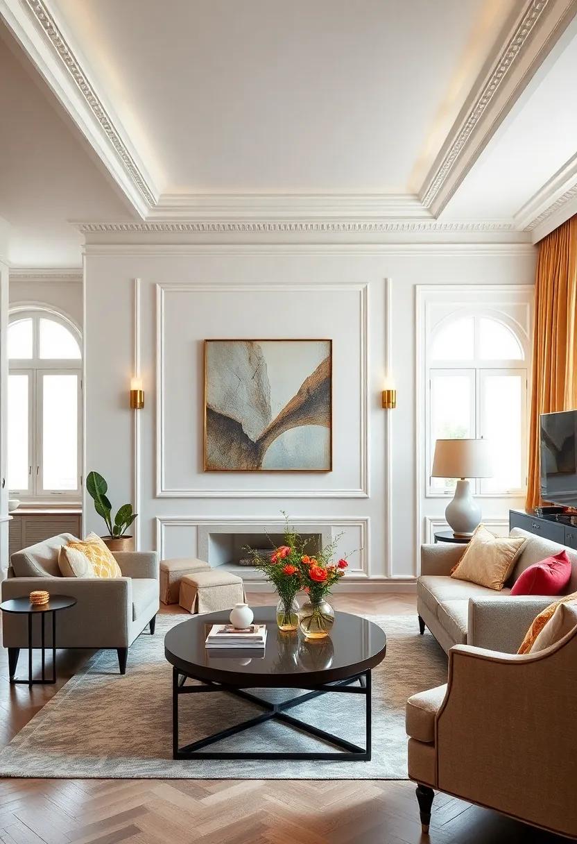 Timeless Crown Molding: Enhance the elegance of your living room with intricately designed crown molding that adds a touch of grandeur and sophistication