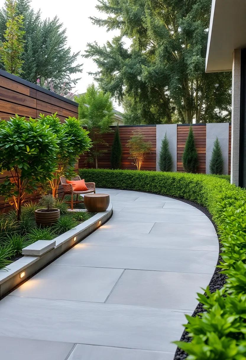 Elegant⁣ Edge: Admire a sleek concrete pathway⁣ bordered by ⁤linear‍ hedges that⁤ offer a sophisticated ‌touch to modern landscaping