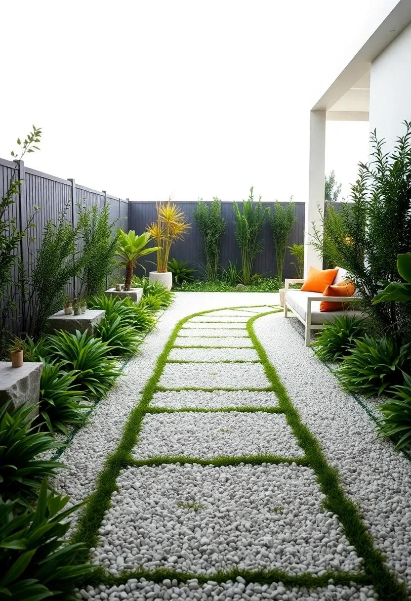 Pristine Paths: See the beauty of an ​immaculate white gravel pathway ​edged with fresh greenery, harmonized with‍ a sleek modern fence