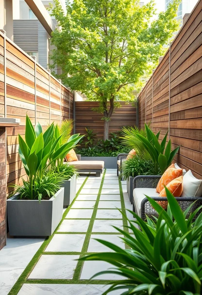 Urban Oasis: Explore an industrial-style⁤ concrete path ‌lined⁢ with ⁢sharp-edged ⁣planters for⁤ an urban retreat‌ that​ feels both sophisticated and ‌cozy