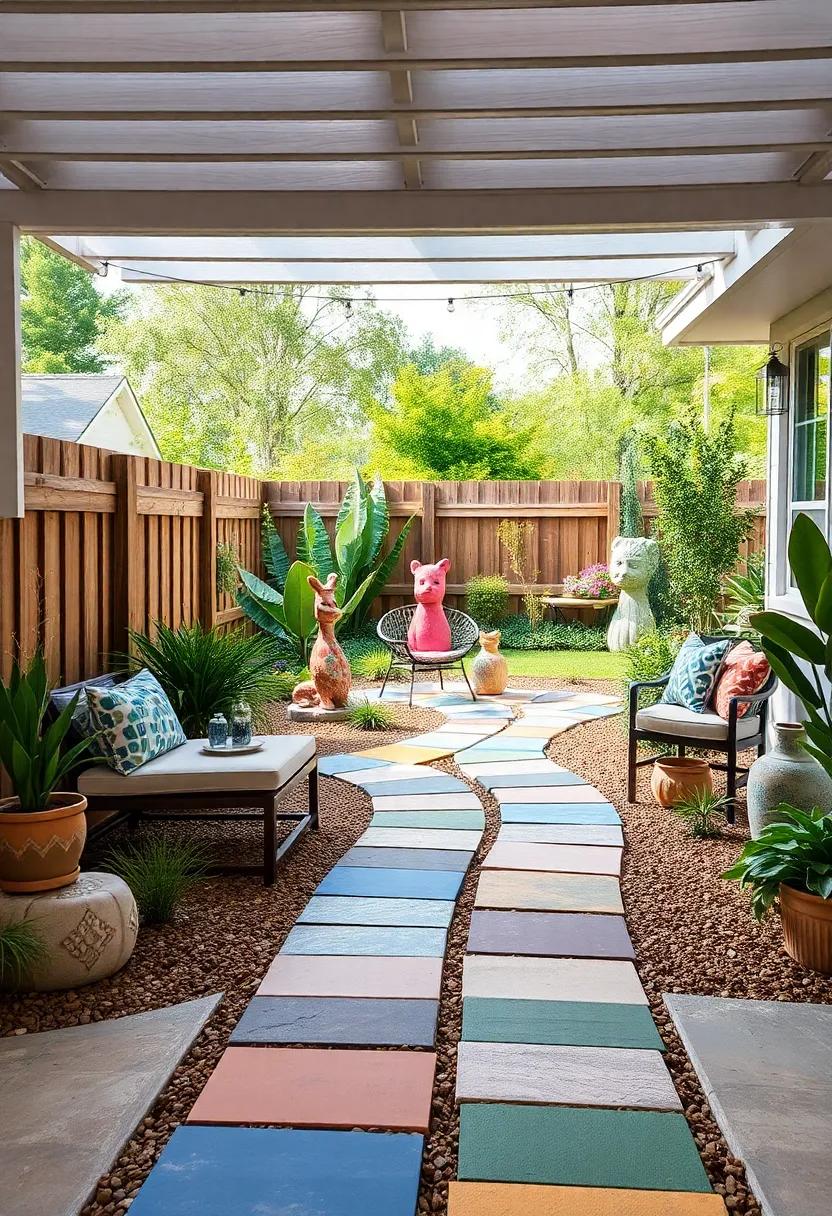 Whimsical ​Wonders: Discover​ playful color in a⁤ painted paver path that‌ zigzags through⁣ a whimsical garden filled ‌with unique sculptures