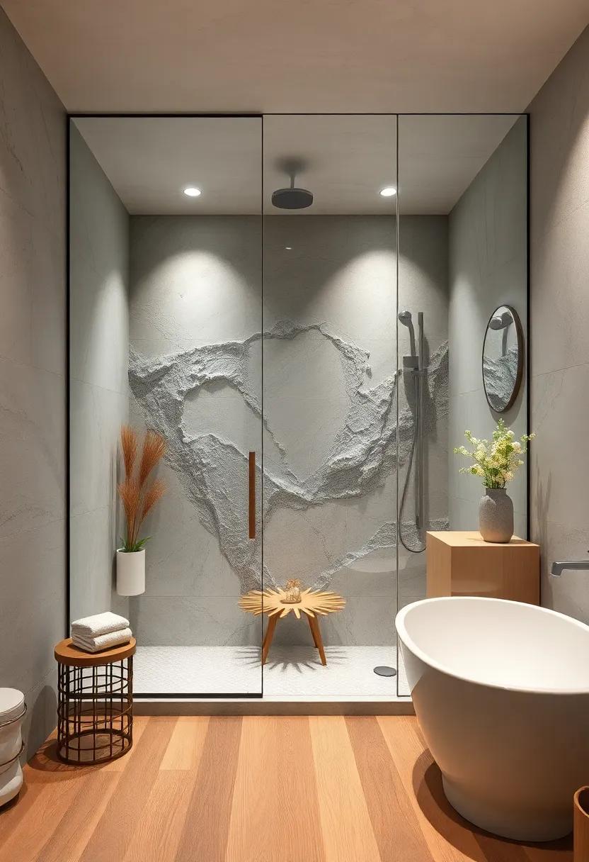 Artistic Wall Designs: Get inspired by creative wall art behind glass enclosures that can serve as a striking visual statement in your ⁣bathroom