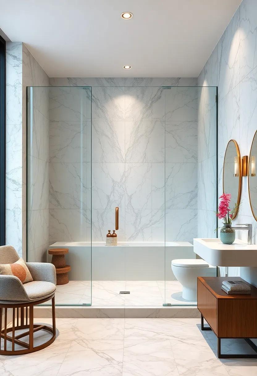 Luxurious Marble: Indulge in the⁣ elegance of marble tiles combined with expansive glass enclosures that bring a touch of⁤ upscale sophistication