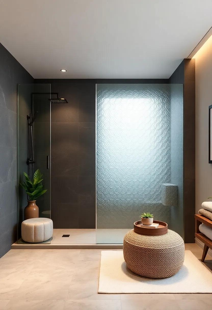 Textured glass: Explore the charm of frosted or textured glass options that provide privacy while enhancing the aesthetic of your shower‌ area