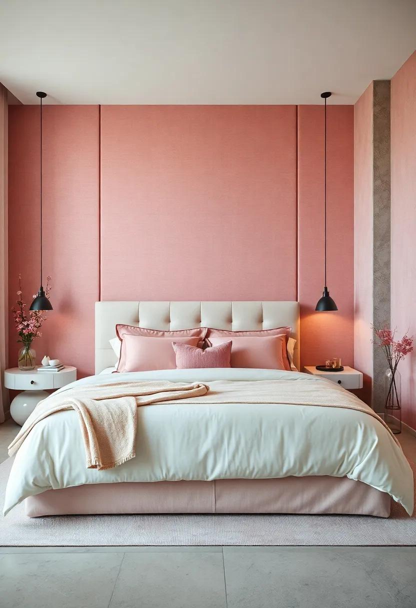 Chic Boutique‌ Vibes: Inspired by luxury hotels, this bedroom flaunts blush pink textured fabric⁢ walls that enhance ⁢its romantic aesthetic and plush bedding