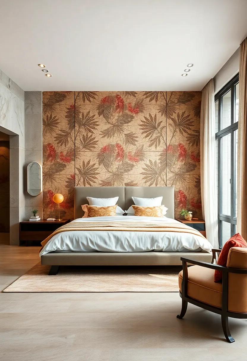 Exotic Escape: inspired by far-off places, this bedroom features ‍beautifully patterned upholstered walls that evoke a sense of wanderlust and adventure