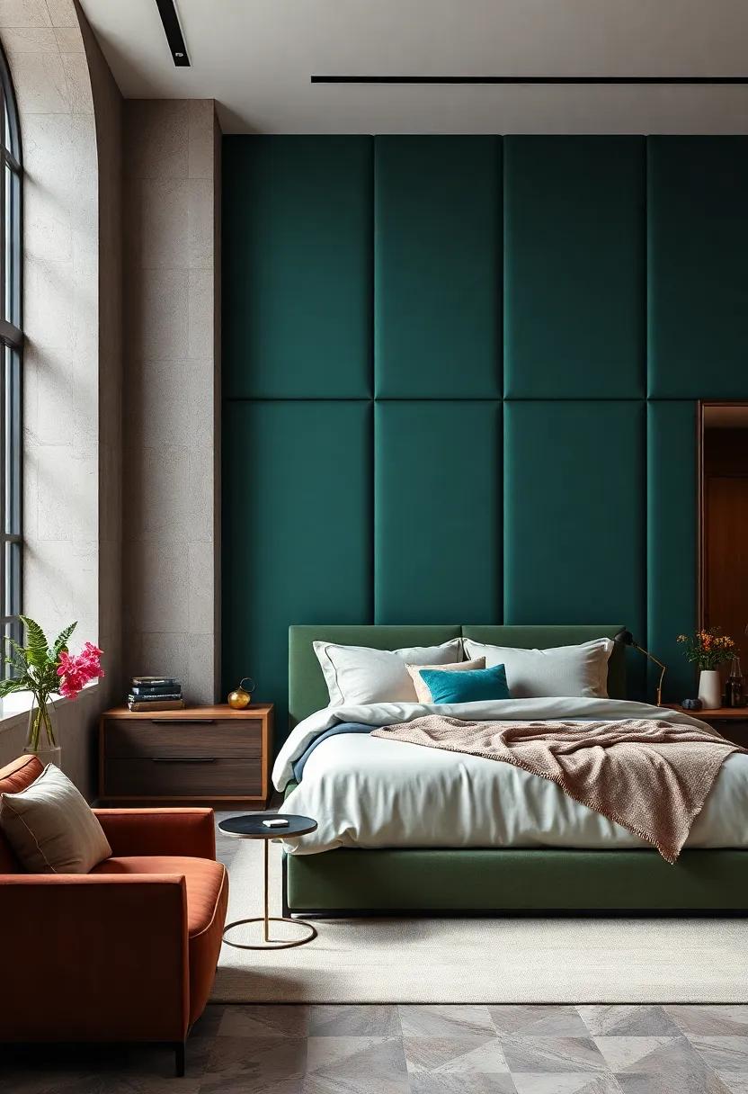 Jewel tones:‍ Deep emerald green⁣ fabric on the walls brings sophistication and a dash of drama to this high-end bedroom, making it a true jewel box