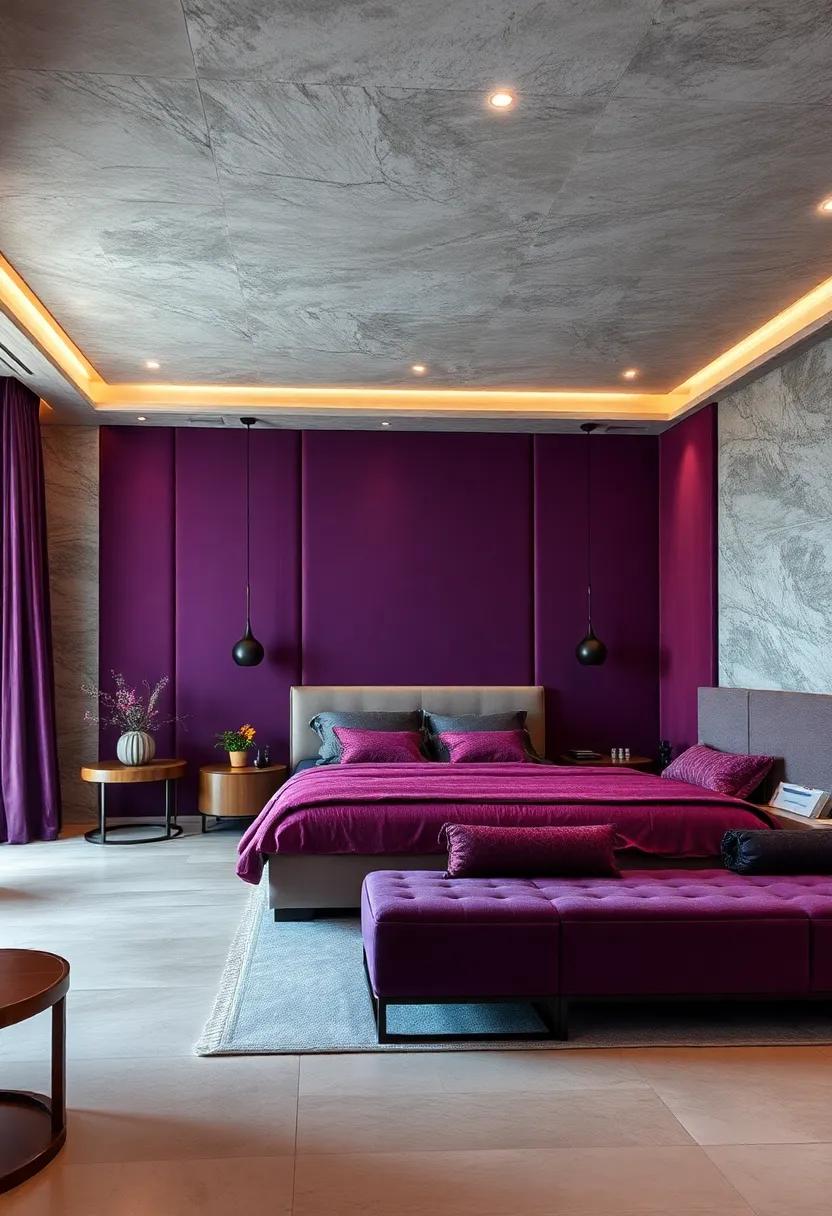 Majestic Retreat: Rich purple tones adorn the walls in this lavish bedroom, creating a regal feel that ​invites‍ guests into a world of comfort and sophistication
