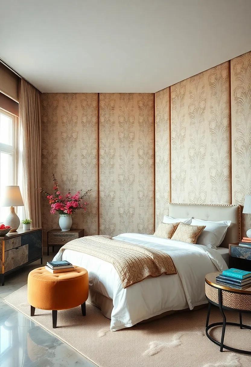 Parisian ⁢Chic: Elegantly patterned silk fabric on​ the walls exudes a⁣ classic French aesthetic, enhancing the ambiance of​ this luxurious bedroom with its romantic flair