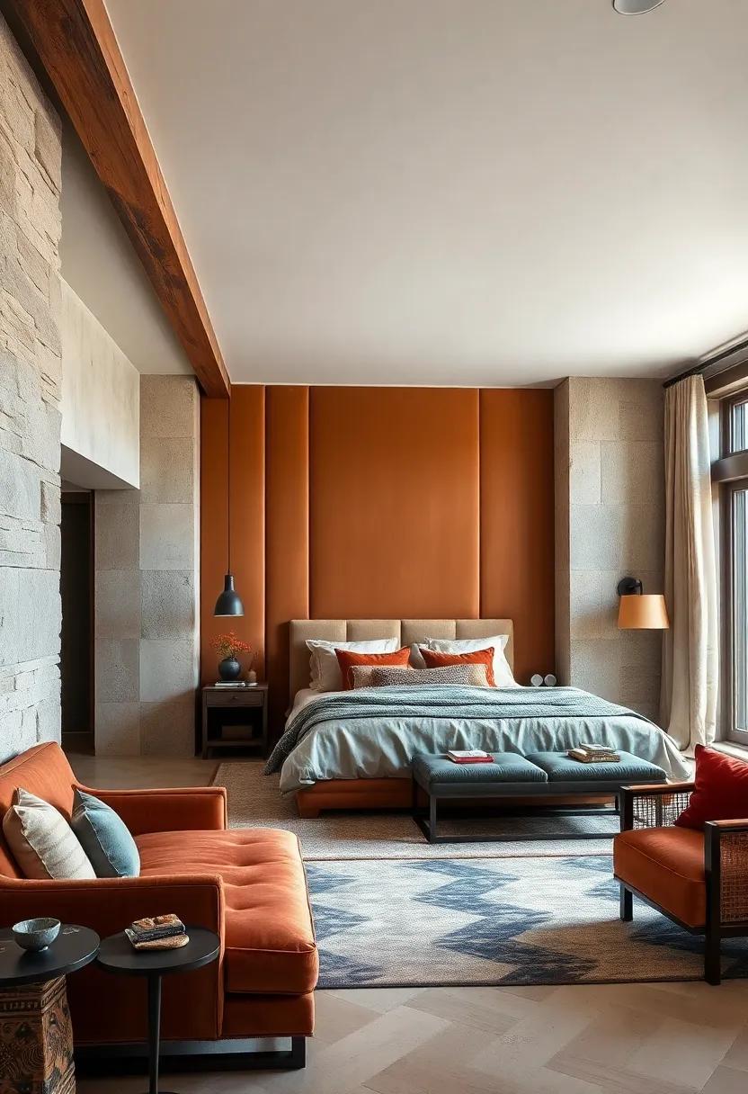 Rustic Glamour: Combining rustic charm with high-end design, this room features rich, earth-toned upholstery that perfectly complements the wooden beams‌ and antique decor