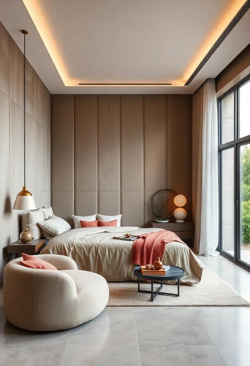 Secret Sanctuary: A‌ cocoon‌ of warmth, this bedroom uses sumptuous taupe upholstery ‌for the walls,⁤ making it an ideal retreat from the⁣ hustle⁢ and bustle of daily life